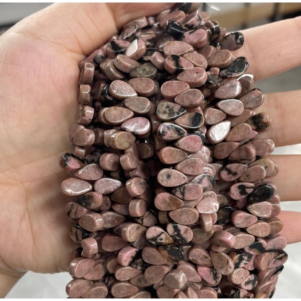 No_14_Natural Black Line Rhodochrosite Flat Center Drilled (short) Teardrop Bead_5*9mm_(Sold Per Strand)