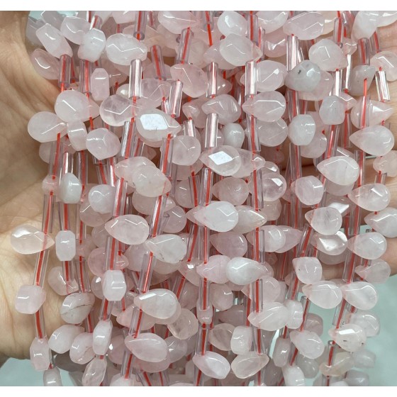 No_36_Natural Rose Quartz Faceted Center Drilled (short) Flat Teardrop Bead_6*9mm _(Sold Per Strand)