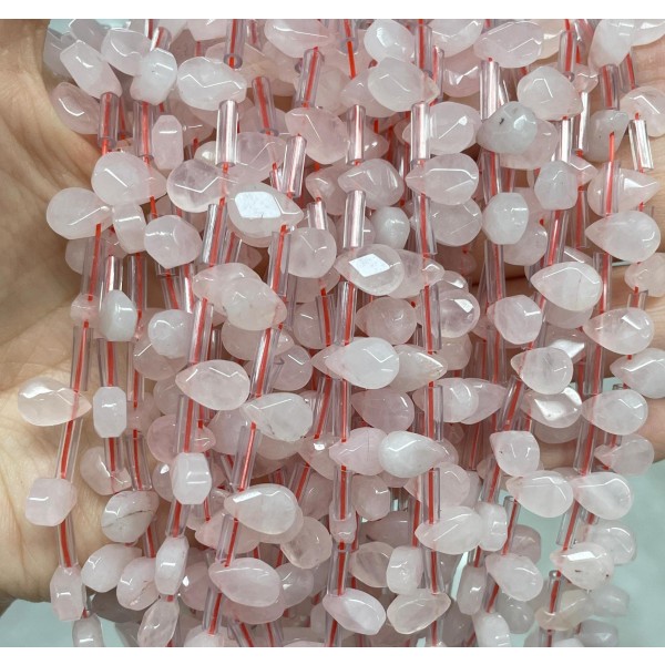 No_36_Natural Rose Quartz Faceted Center Drilled (short) Flat Teardrop Bead_6*9mm _(Sold Per Strand)