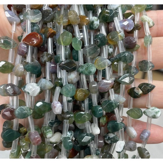 No_41_Natural Indian Agate Faceted Center Drilled (short) Flat Teardrop Bead_6*9mm _(Sold Per Strand)