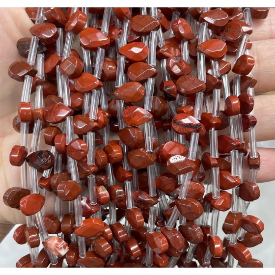 No_42_Natural Red Jasper Faceted Center Drilled (short) Flat Teardrop Bead_6*9mm _(Sold Per Strand)