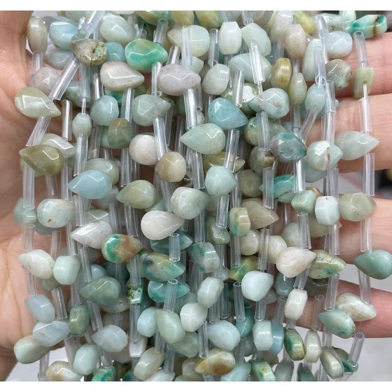 No_45_Natural Amazonite Faceted Center Drilled (short) Flat Teardrop Bead_6*9mm _(Sold Per Strand)