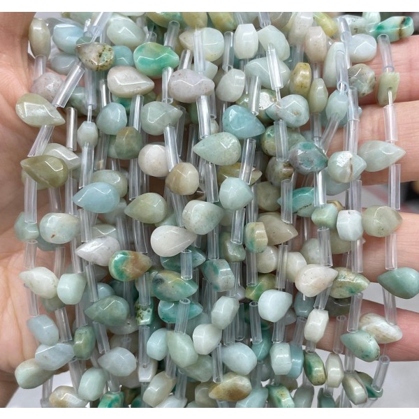 No_45_Natural Amazonite Faceted Center Drilled (short) Flat Teardrop Bead_6*9mm _(Sold Per Strand)