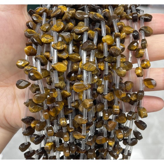No_47_Natural Yellow Tiger Eye Stone Faceted Center Drilled (short) Flat Teardrop Bead_6*9mm _(Sold Per Strand)