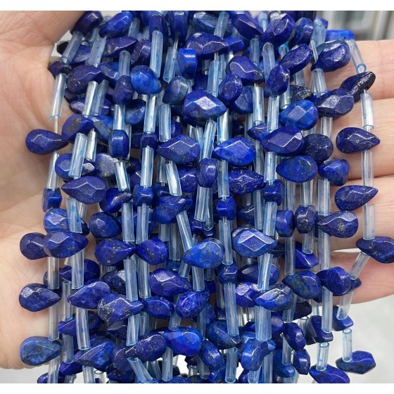 No_48_Enhanced Lapis Lazuli Faceted Center Drilled (short) Flat Teardrop Bead_6*9mm _(Sold Per Strand)