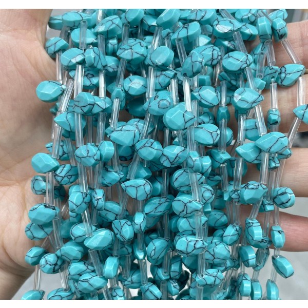 No_49_Synthetic Light Turquoise Faceted Center Drilled (short) Flat Teardrop Bead_6*9mm _(Sold Per Strand)