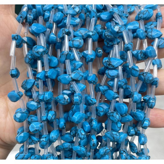 No_50_Synthetic Blue Turquoise Faceted Center Drilled (short) Flat Teardrop Bead_6*9mm _(Sold Per Strand)