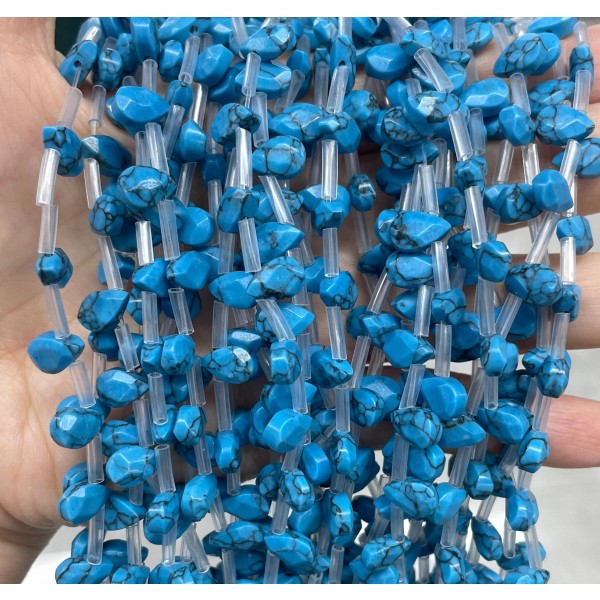 No_50_Synthetic Blue Turquoise Faceted Center Drilled (short) Flat Teardrop Bead_6*9mm _(Sold Per Strand)