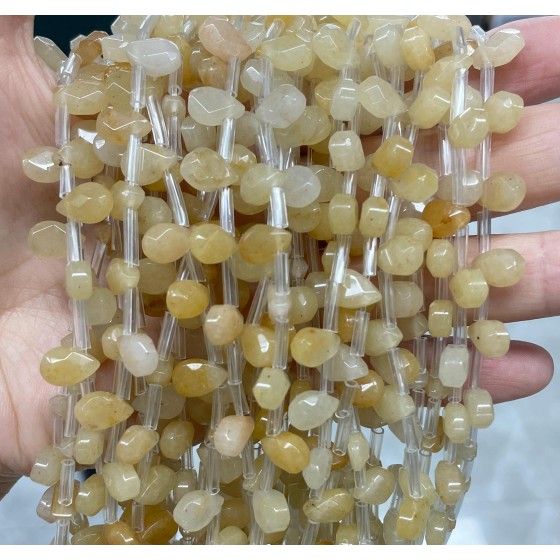 No_51_Natural Light Yellow Jade Faceted Center Drilled (short) Flat Teardrop Bead_6*9mm _(Sold Per Strand)