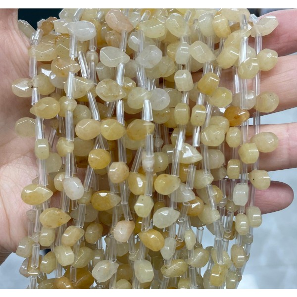 No_51_Natural Light Yellow Jade Faceted Center Drilled (short) Flat Teardrop Bead_6*9mm _(Sold Per Strand)