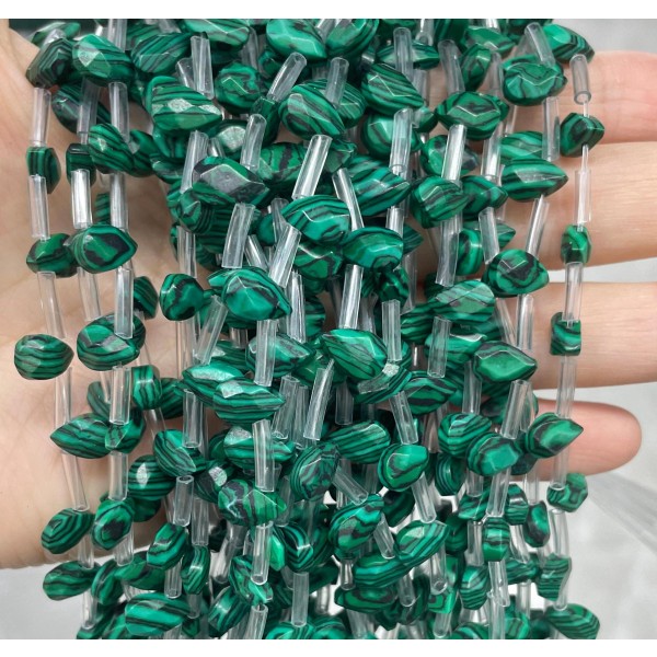 No_55_Synthetic Malachite Faceted Center Drilled (short) Flat Teardrop Bead_6*9mm _(Sold Per Strand)