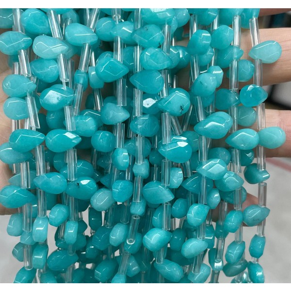 No_57_Enhanced Amazonite Colored Chalcedony Faceted Center Drilled (short) Flat Teardrop Bead_6*9mm _(Sold Per Strand)