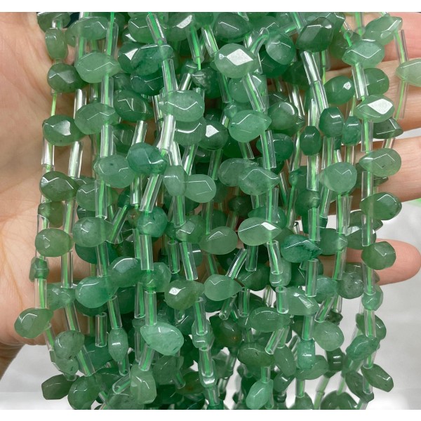 No_58_Natural Green Aventurine Faceted Center Drilled (short) Flat Teardrop Bead_6*9mm _(Sold Per Strand)