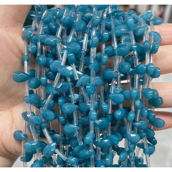 No_61_Enhanced Ink Blue Chalcedony Faceted Center Drilled (short) Flat Teardrop Bead_6*9mm _(Sold Per Strand)