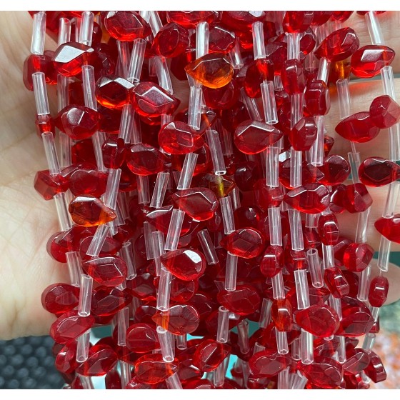 No_64_Bright Red Glass Faceted Center Drilled (short) Flat Teardrop Bead_6*9mm _(Sold Per Strand)