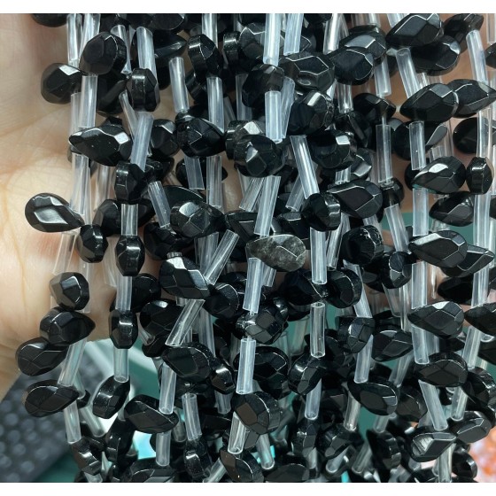 No_65_Black Glass Faceted Center Drilled (short) Flat Teardrop Bead_6*9mm _(Sold Per Strand)