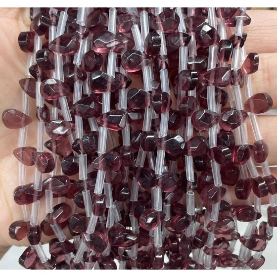 No_68_Purple Red Glass Faceted Center Drilled (short) Flat Teardrop Bead_6*9mm _(Sold Per Strand)