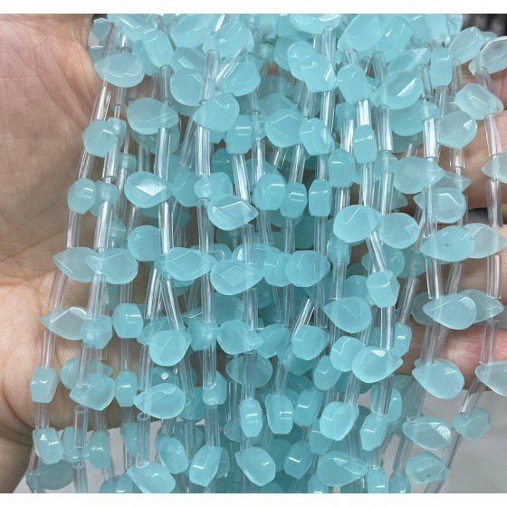 No_70_Lake Blue Glass Faceted Center Drilled (short) Flat Teardrop Bead_6*9mm _(Sold Per Strand)