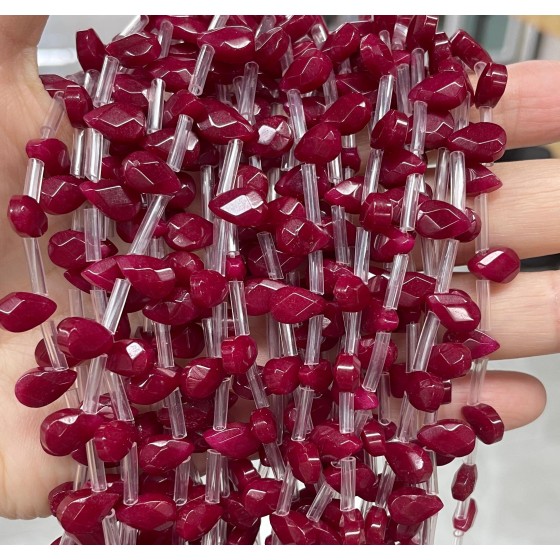 No_73_Enhanced Wine Red Chalcedony Faceted Center Drilled (short) Flat Teardrop Bead_6*9mm _(Sold Per Strand)