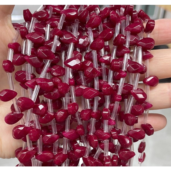 No_73_Enhanced Wine Red Chalcedony Faceted Center Drilled (short) Flat Teardrop Bead_6*9mm _(Sold Per Strand)