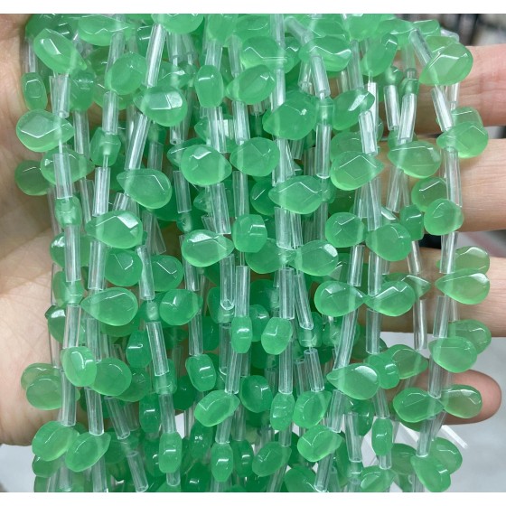 No_75_Green Glass Faceted Center Drilled (short) Flat Teardrop Bead_6*9mm _(Sold Per Strand)