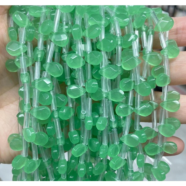 No_75_Green Glass Faceted Center Drilled (short) Flat Teardrop Bead_6*9mm _(Sold Per Strand)