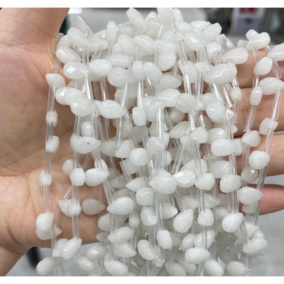 No_76_Natural White Jade Faceted Center Drilled (short) Flat Teardrop Bead_6*9mm _(Sold Per Strand)