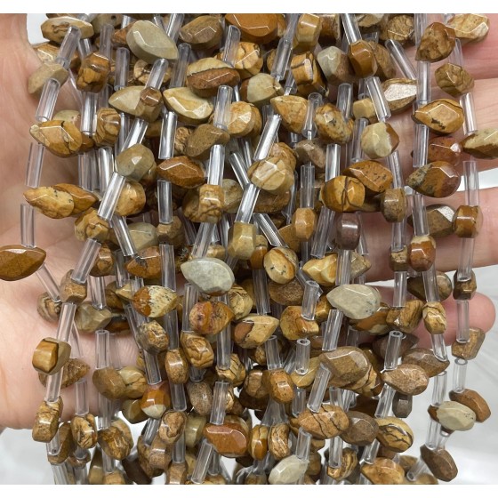 No_77_Natural Picture Jasper Faceted Center Drilled (short) Flat Teardrop Bead_6*9mm _(Sold Per Strand)