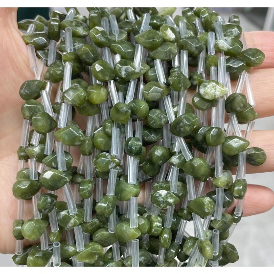 No_79_Natural Southern Jade Faceted Center Drilled (short) Flat Teardrop Bead_6*9mm _(Sold Per Strand)