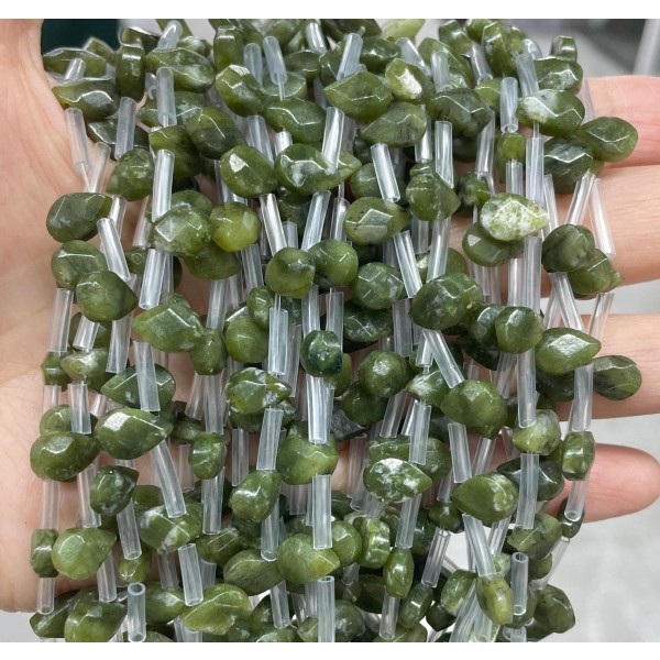 No_79_Natural Southern Jade Faceted Center Drilled (short) Flat Teardrop Bead_6*9mm _(Sold Per Strand)