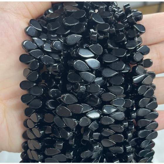 No_7_Natural Black Agate Flat Center Drilled (short) Teardrop Bead_5*9mm_(Sold Per Strand)