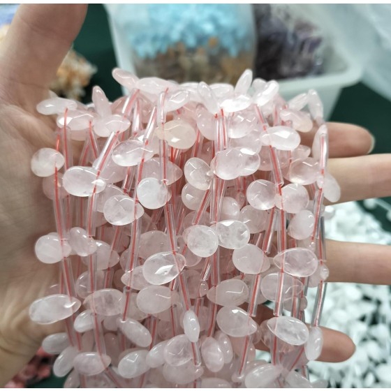No_81_Natural Rose Quartzfaceted Center Drilled (short) Flat Teardrop Bead_8*12mm _(Sold Per Strand)
