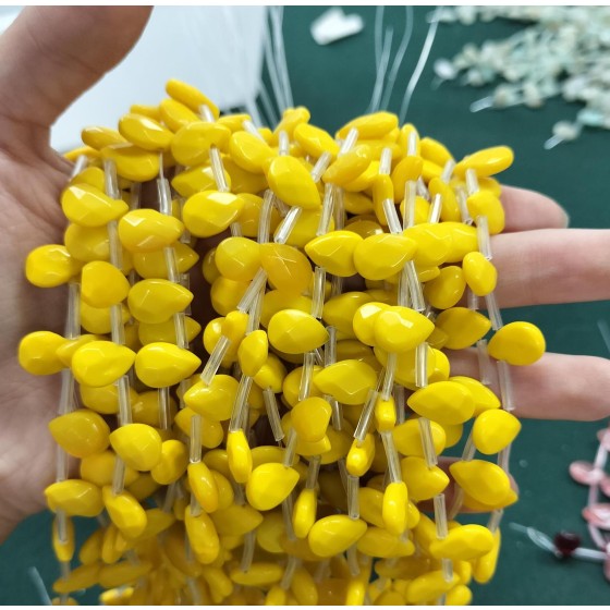 No_83_Porcelain Yellow Glass Faceted Center Drilled (short) Flat Teardrop Bead_8*12mm _(Sold Per Strand)