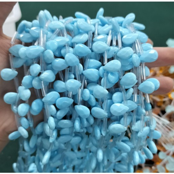 No_84_Porcelain Blue Glass Faceted Center Drilled (short) Flat Teardrop Bead_8*12mm _(Sold Per Strand)