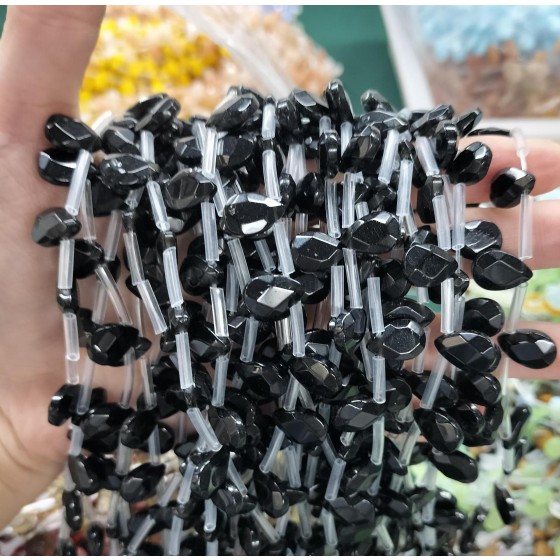 No_85_Black Glass Faceted Center Drilled (short) Flat Teardrop Bead_8*12mm _(Sold Per Strand)