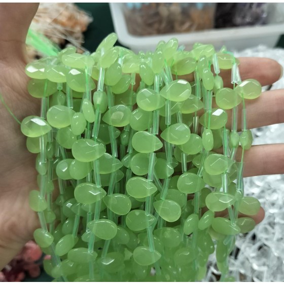 No_86_Fruit Green Glass Faceted Center Drilled (short) Flat Teardrop Bead_8*12mm _(Sold Per Strand)