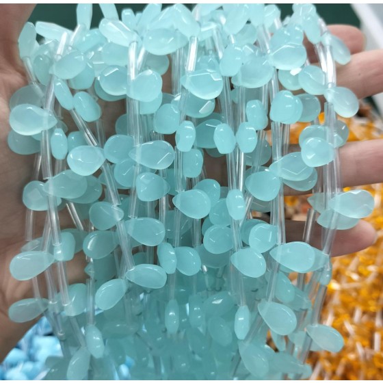 No_87_Lake Blue Glass Faceted Center Drilled (short) Flat Teardrop Bead_8*12mm _(Sold Per Strand)