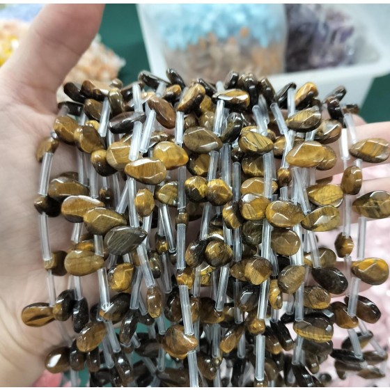 No_92_Natural Yellow Tiger Eye Stone Faceted Center Drilled (short) Flat Teardrop Bead_8*12mm _(Sold Per Strand)