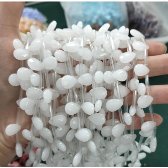 No_94_Natural White Jade Faceted Center Drilled (short) Flat Teardrop Bead_8*12mm _(Sold Per Strand)