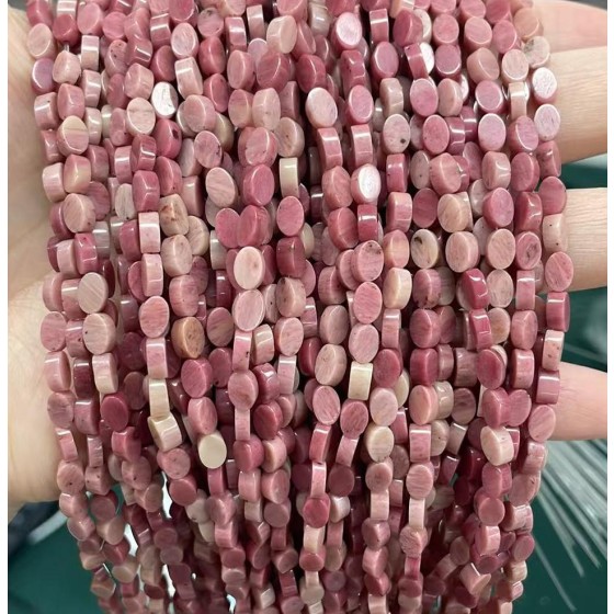 No_120_Natural Rhodonite Flat Egg Shaped Bead_6*4mm _(Sold Per Strand)