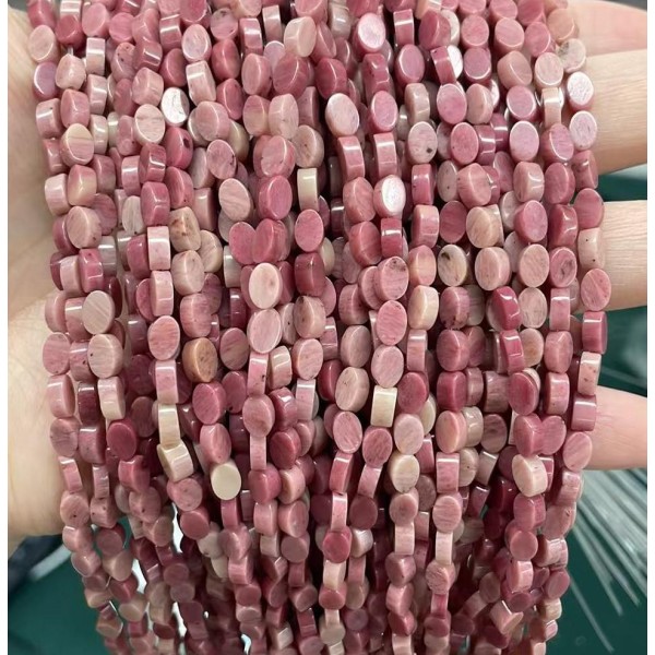 No_120_Natural Rhodonite Flat Egg Shaped Bead_6*4mm _(Sold Per Strand)