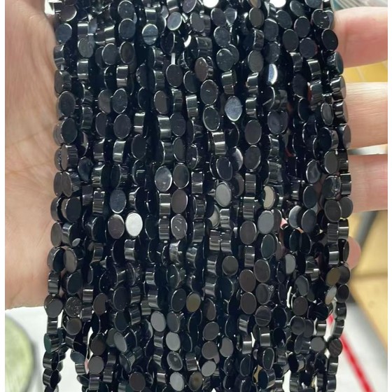 No_121_Natural Black Agate Flat Egg Shaped Bead_6*4mm _(Sold Per Strand)
