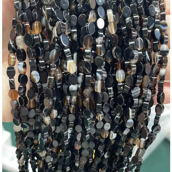 No_123_Natural Black Striped Agate Flat Egg Shaped Bead_6*4mm _(Sold Per Strand)