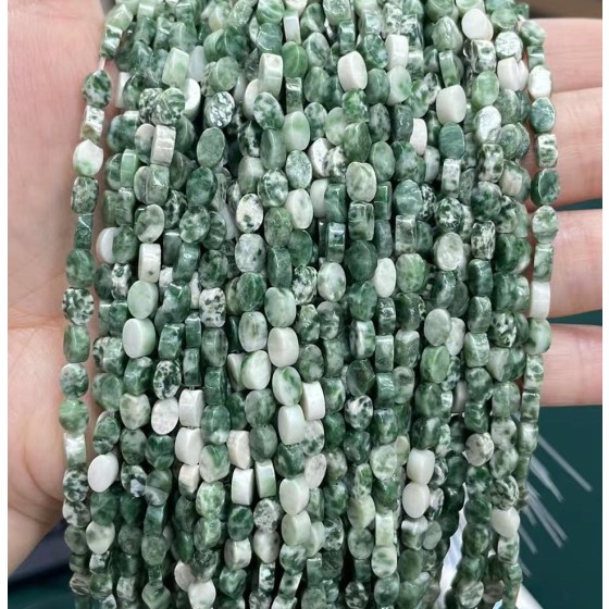 No_130_Natural Green Dot Stone Flat Oval Bead_6*4mm _(Sold Per Strand)