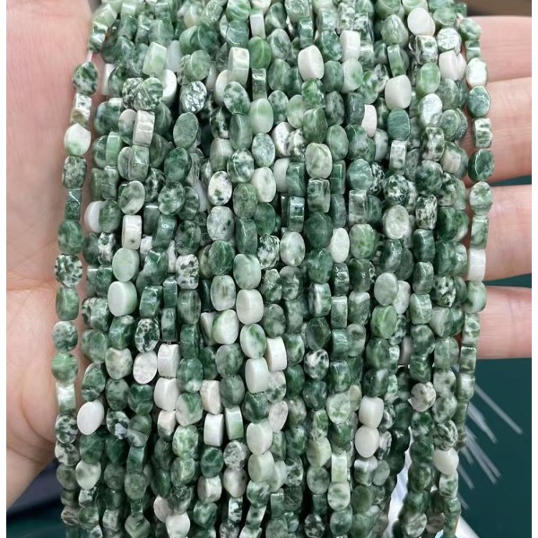 No_130_Natural Green Dot Stone Flat Oval Bead_6*4mm _(Sold Per Strand)