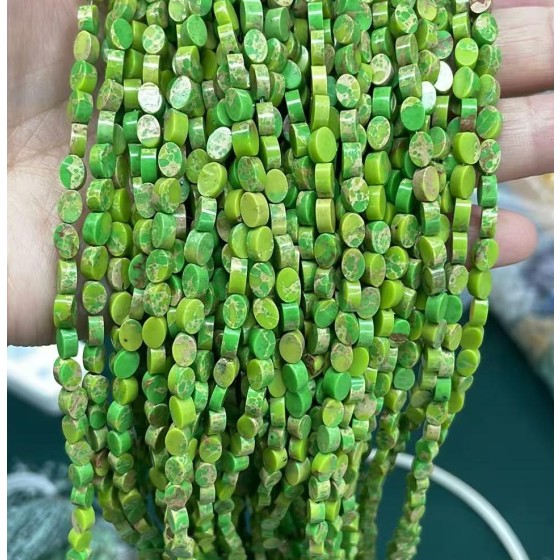 No_145_Synthetic Grass Green Imperial Jasper Flat Oval Bead_6*4mm _(Sold Per Strand)