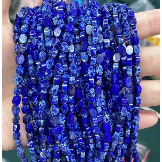 No_148_Synthetic Dark Blue Imperial Jasper Flat Oval Bead_6*4mm _(Sold Per Strand)