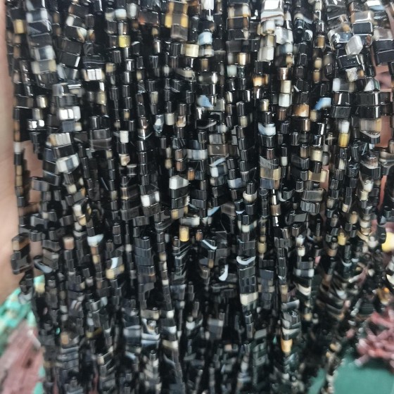 No_165_Natural Black Striped Agate Double Hole Square Bead_5*2mm_(Sold Per Strand)