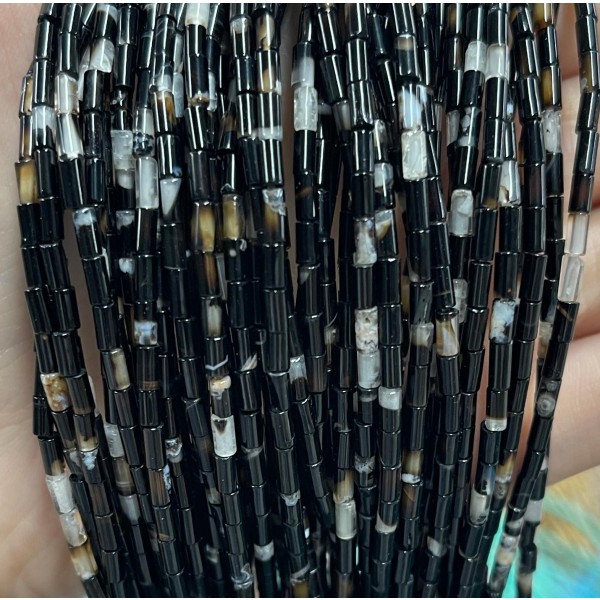 No_1153_Natural Black Striped Agate Round Tube_2*4mm_(Sold Per Strand)