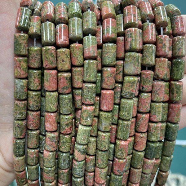 No_1300_Natural Unakite Round Head Cylinder_6*10mm_(Sold Per Strand)